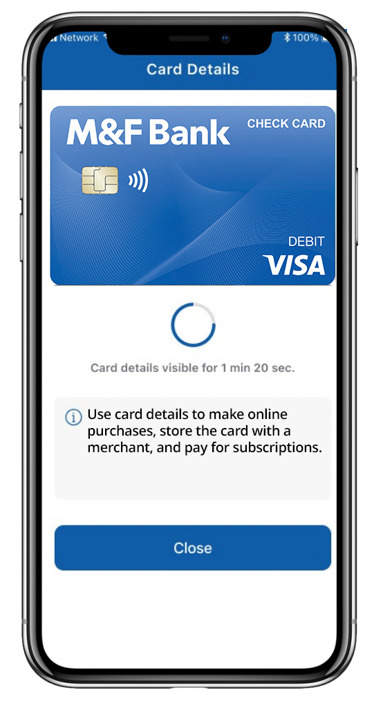 M&F Bank digital debit card displayed on mobile app screen, emphasizing secure online payments and card management features.