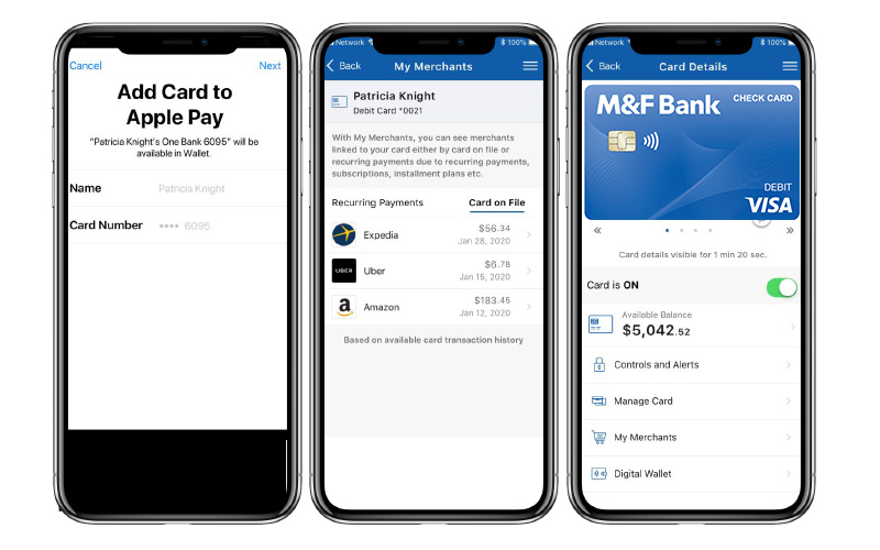 Mobile banking app interface showcasing card management features, including adding a card to Apple Pay, viewing merchants, and M&F Bank debit card details with account balance.