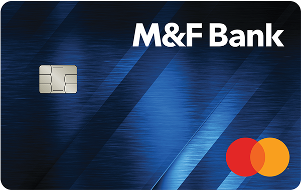 M&F Bank consumer credit card featuring a blue design, chip, and Mastercard logo, representing personal credit card options and benefits.