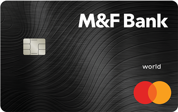 M&F Bank World credit card featuring a sleek black design, embossed logo, and Mastercard symbol, highlighting premium features and benefits.