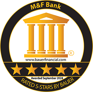 M&F Bank logo featuring five-star rating by Bauer Financial, awarded September 2024, symbolizing excellence in banking services.